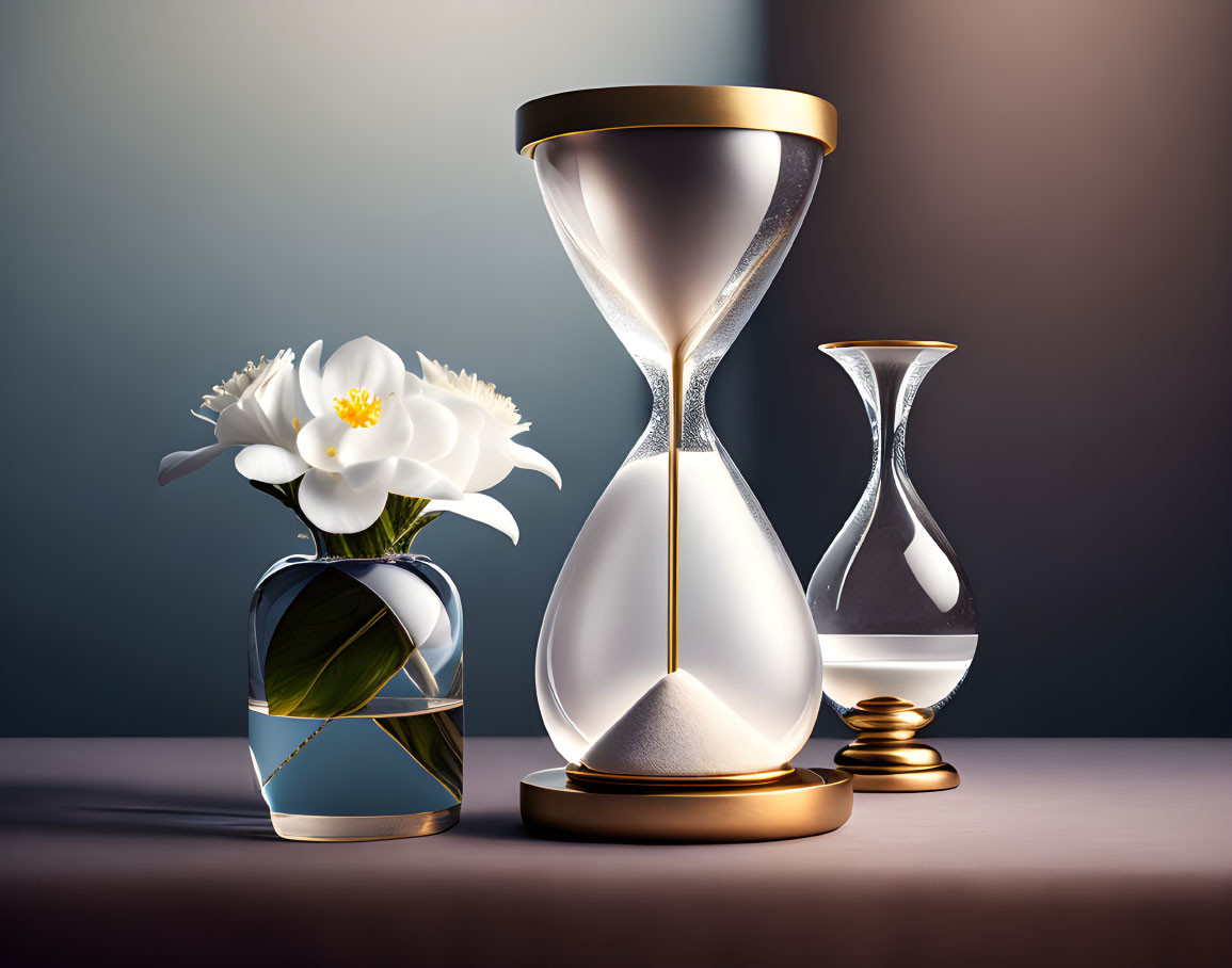 White sand hourglass and flower vase on dual-tone background