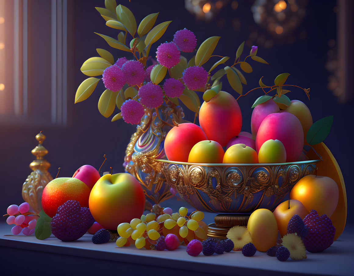 Colorful Fruit and Flowers in Golden Bowl Still Life Display