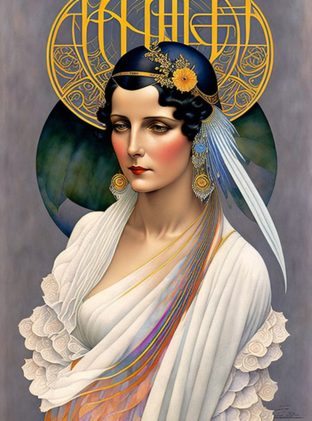 Art Nouveau Style Illustration of Woman with Dark Hair