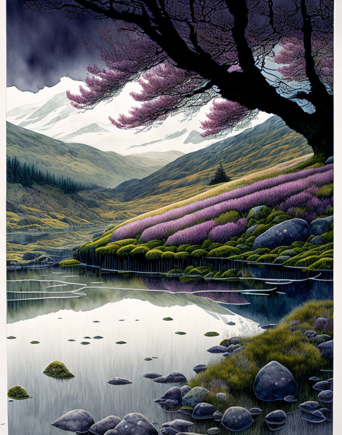 Cherry Blossom Trees, Heather Fields, Lake, and Snowy Mountains Landscape