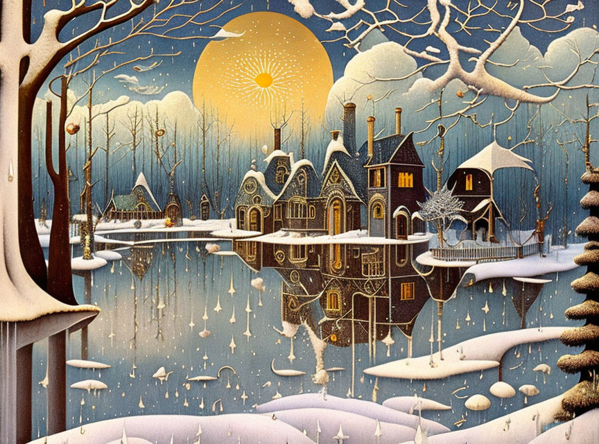 Snow-covered cottages and icy river under a full moon in a winter scene.