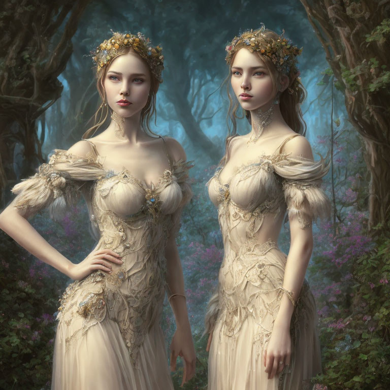 Ethereal women in nature-inspired dresses in mystical forest