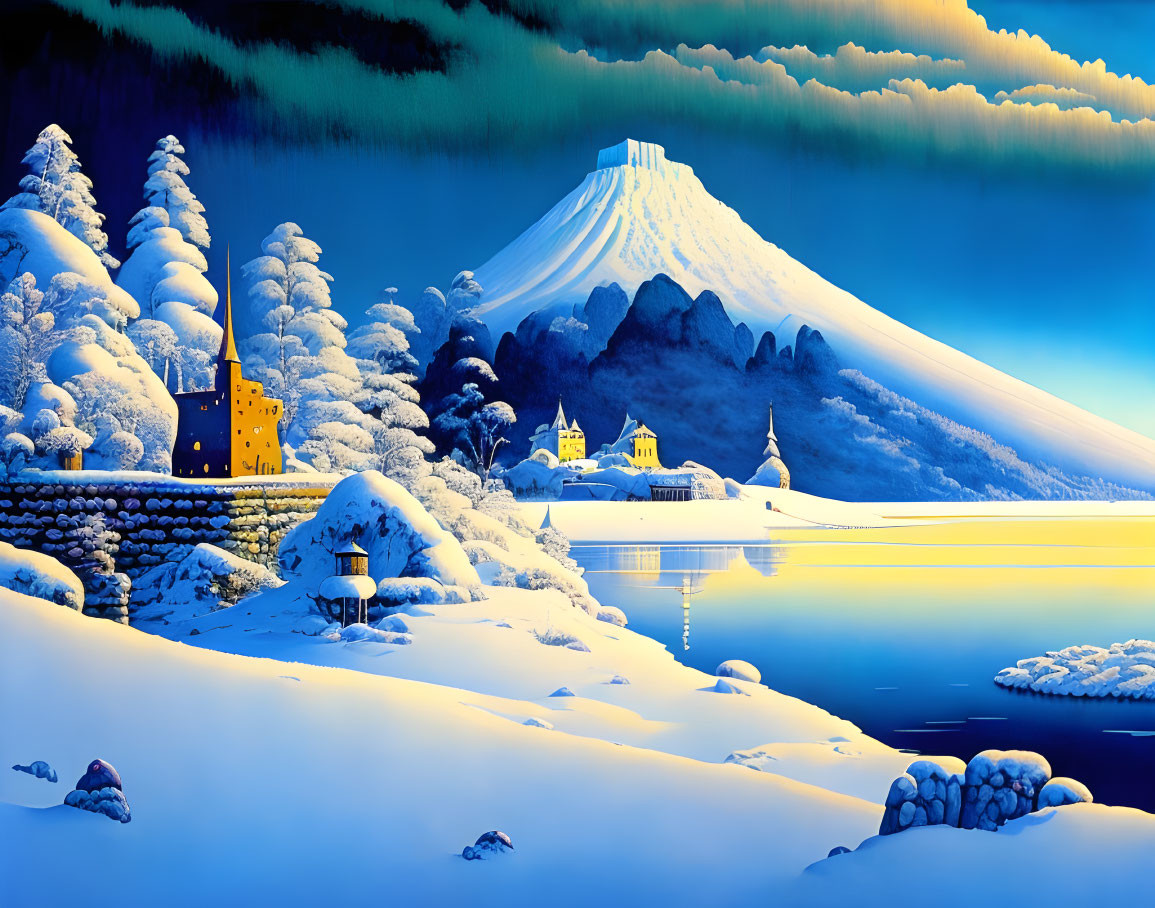 Snow-covered village by frozen lake with glowing windows, majestic mountain in dusk sky