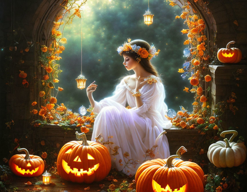 Woman in white dress with autumn leaves by window with pumpkins & lanterns