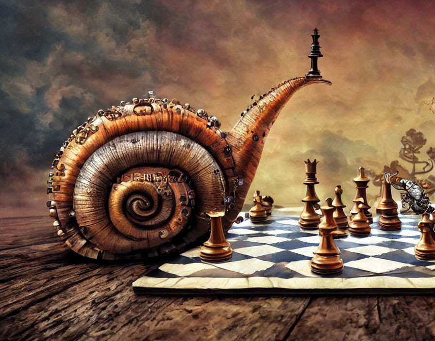 Mechanical spiral shell snail on chessboard under cloudy sky