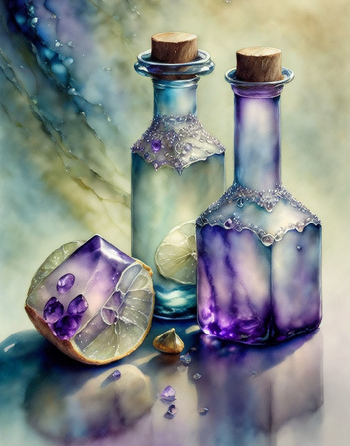 Purple Glass Bottles with Corks and Citrus Fruit on Watercolor Background