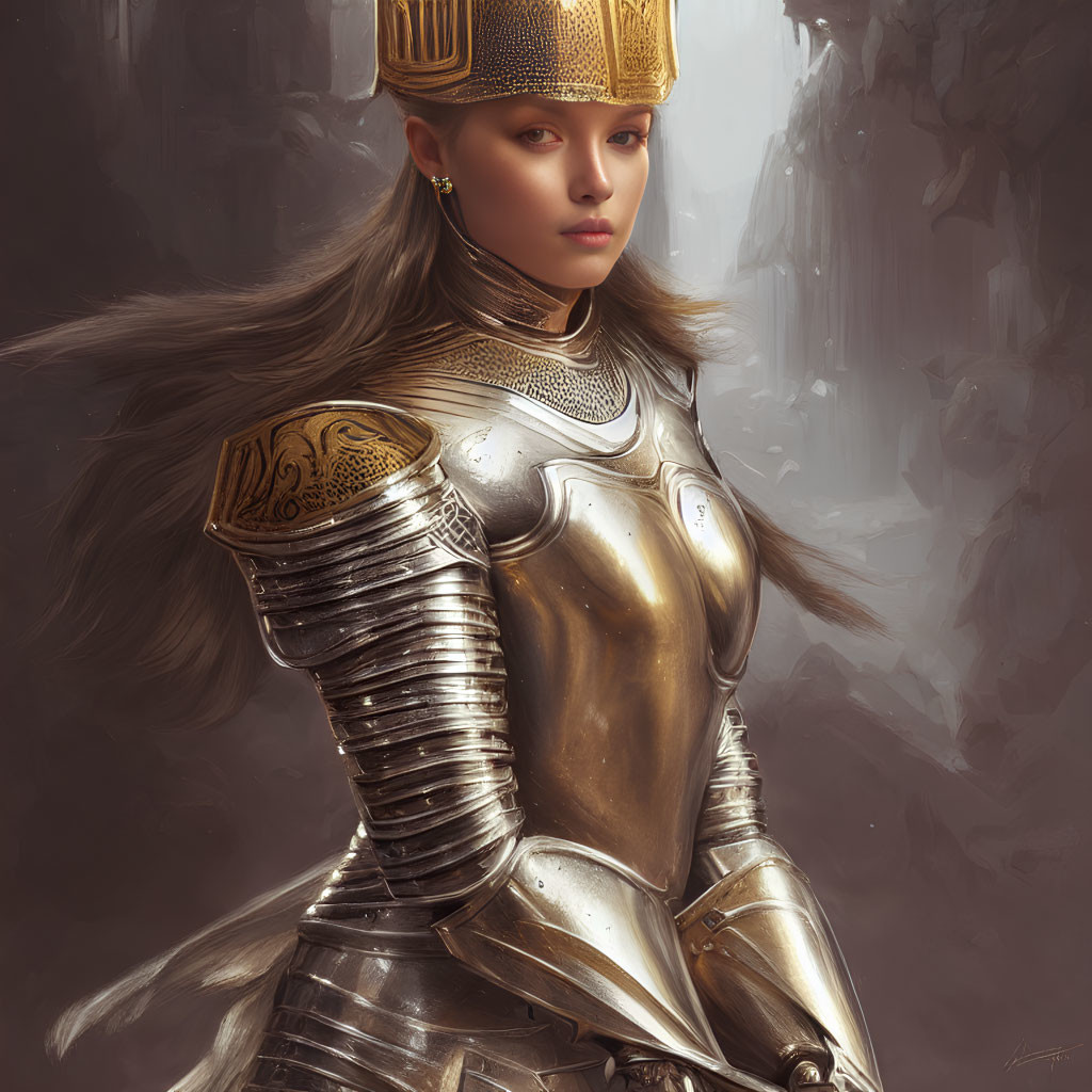 Digital artwork: Woman in ornate medieval armor with gold detailing