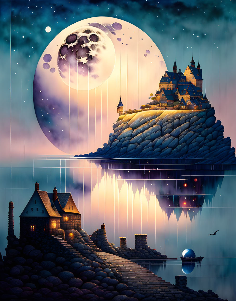 Fantastical artwork: Floating island, castle, moon, house by water, reflections.