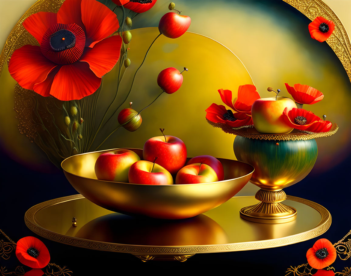 Colorful still life with red apples, poppies, and floating fruits on golden backdrop