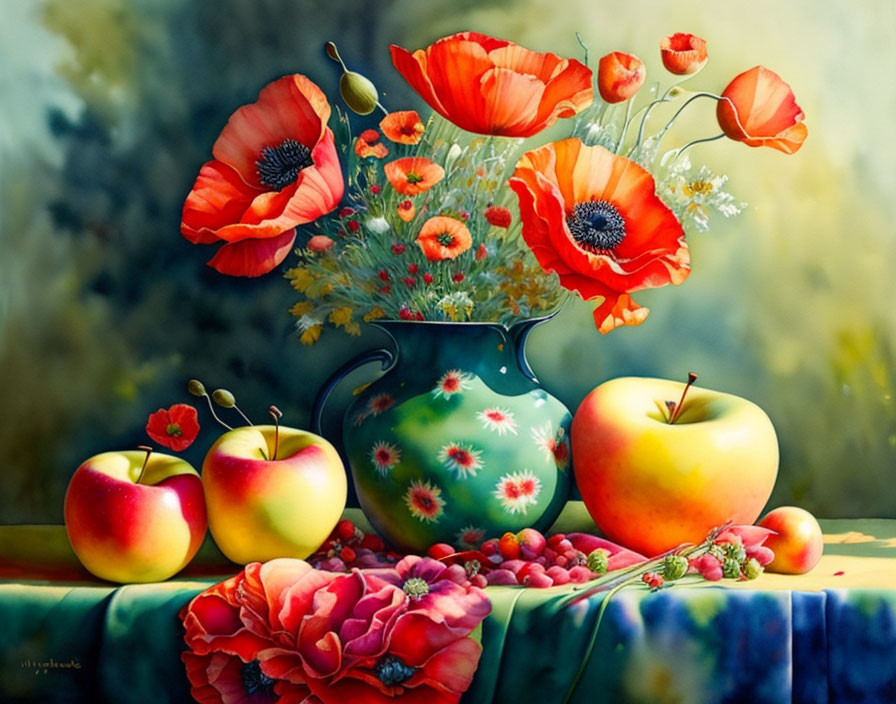 Vivid still life painting: vase with red poppy flowers, ripe apples, berries on floral textile