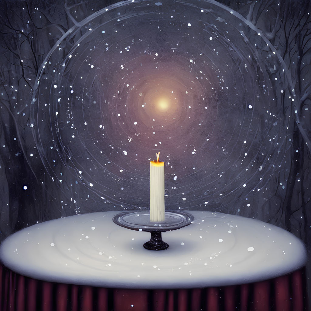 Snow-covered pedestal with burning candle and winter scenery