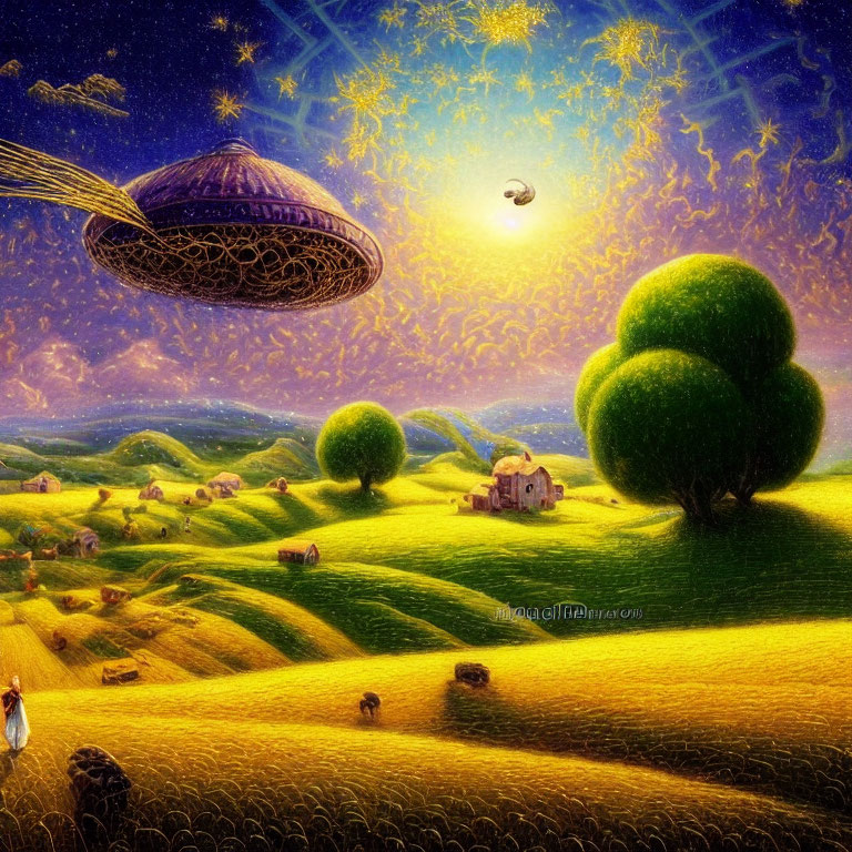 Golden hills, green trees, farmhouse, UFO, woman, dog under starry sky.