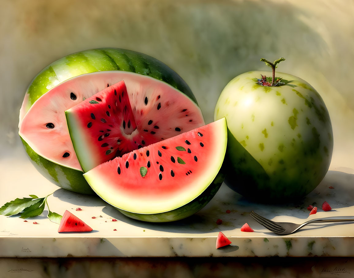 Fresh Watermelon and Green Apple Slices with Seeds on Light Background