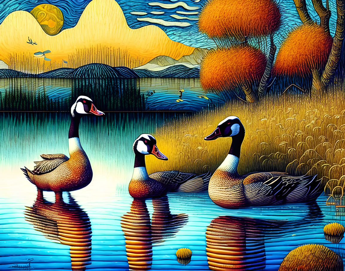 Ducks on reflective lake with stylized trees and Van Gogh sky