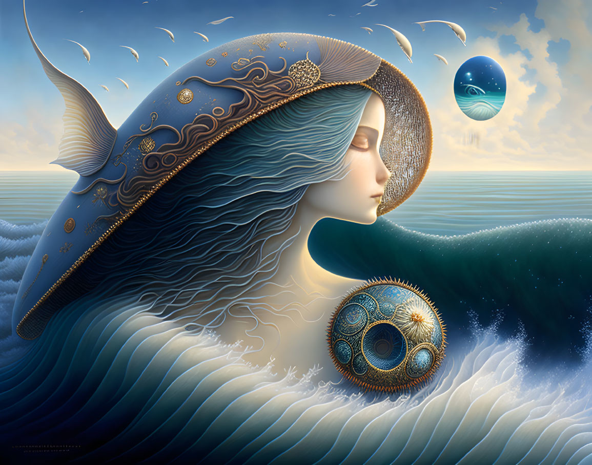 Surreal artwork of woman with oceanic features and fish-like creature in serene seascape