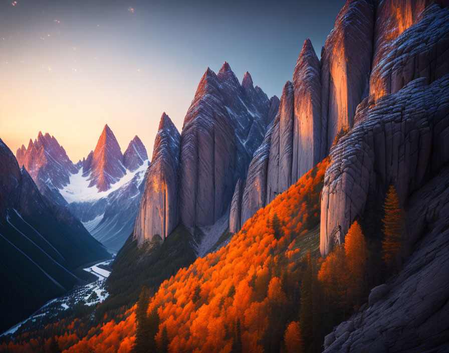 Autumn Forest with Mountain Cliffs and Twilight Sky