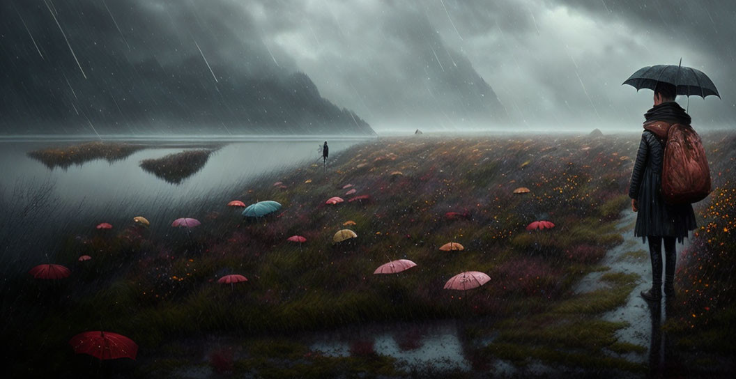 Figure with umbrella by rainy lakeside with colorful umbrellas in misty landscape