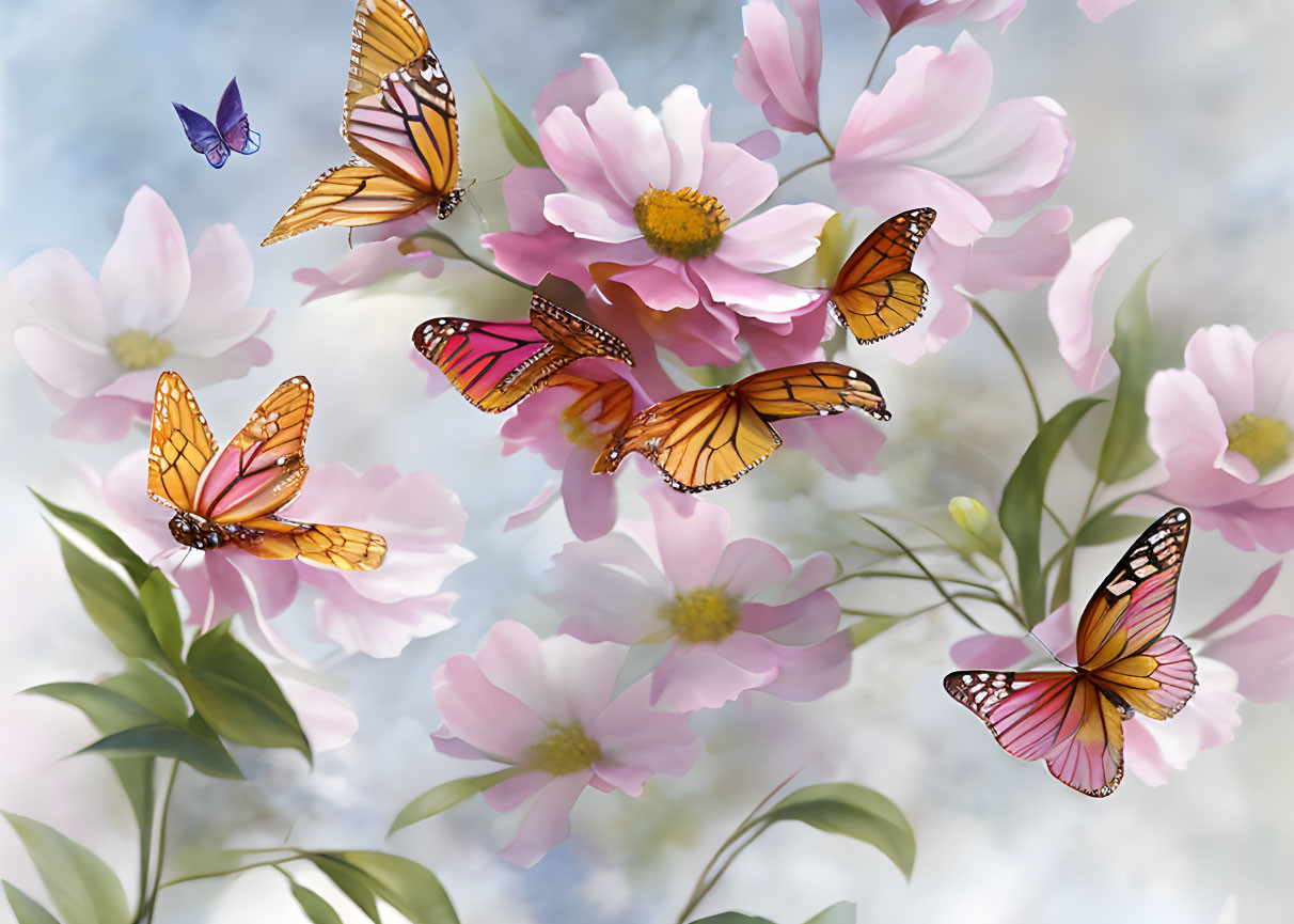 Colorful butterflies and pink flowers under a blue sky with clouds