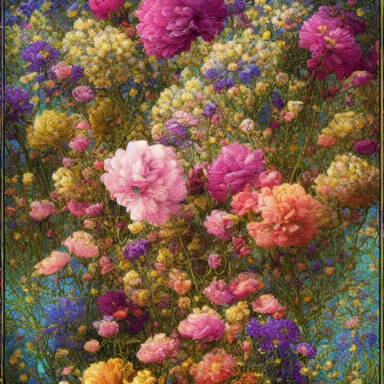 Colorful Pink, Purple, and Yellow Flowers on Blue Background