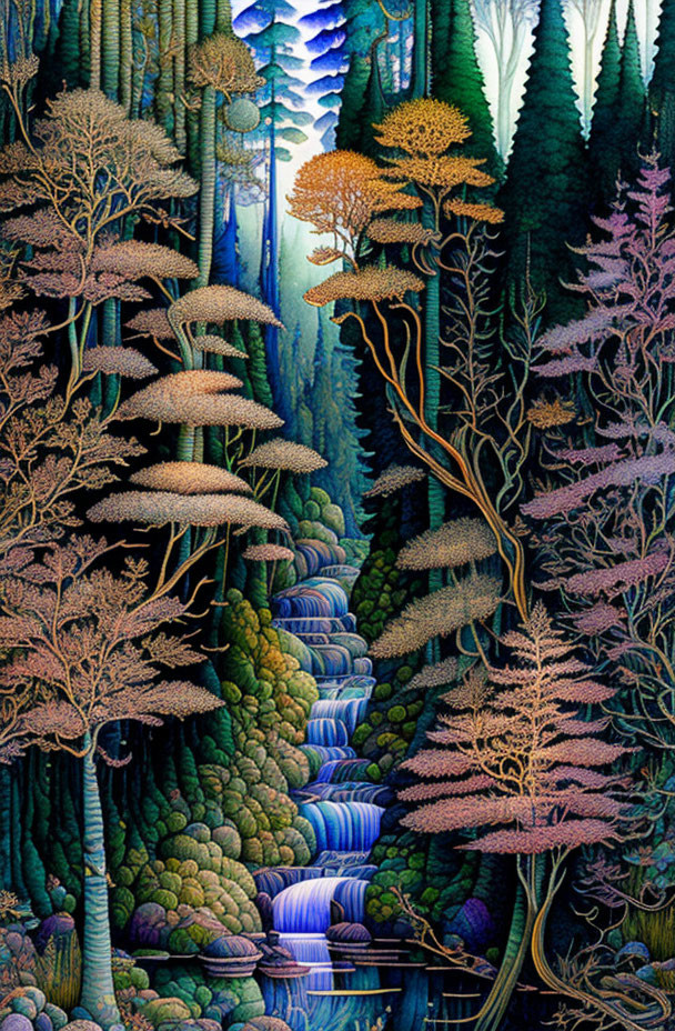 Fantasy forest with whimsical trees and a cascading waterfall