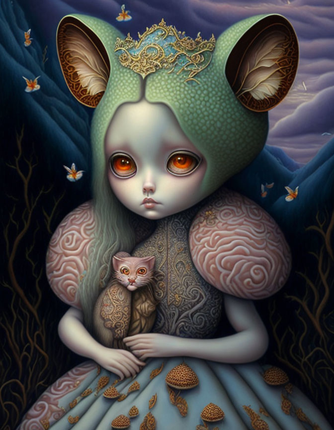 Green-skinned humanoid with crown holding cat, surrounded by butterflies at twilight