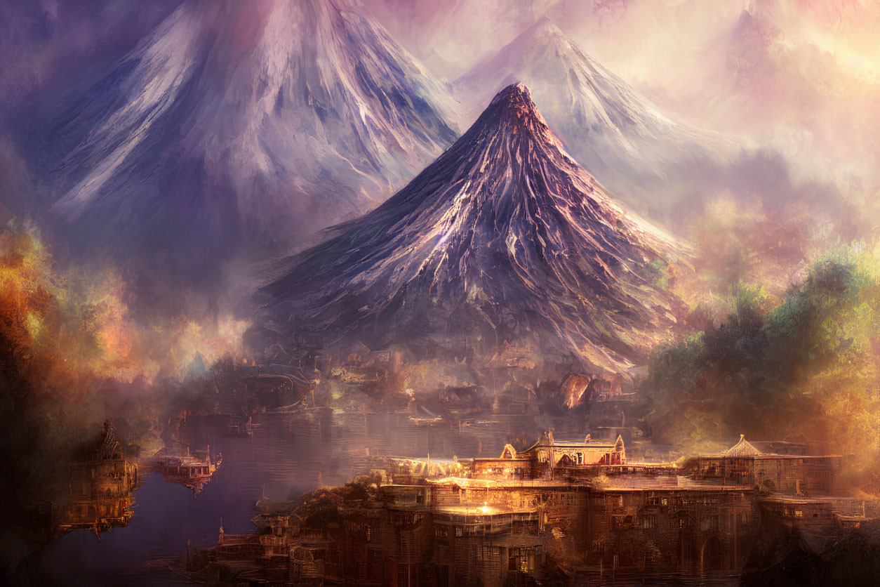 Fantasy landscape with ancient city, lake, snow-capped mountains, and golden sky