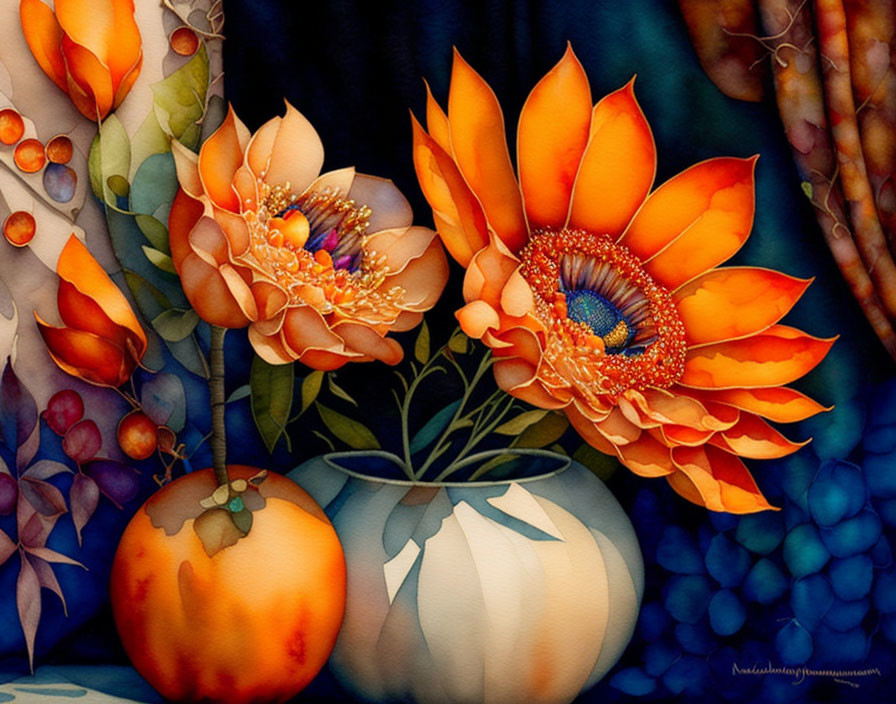 Bright orange flowers in white vase with autumn leaves and pumpkin on dark blue background