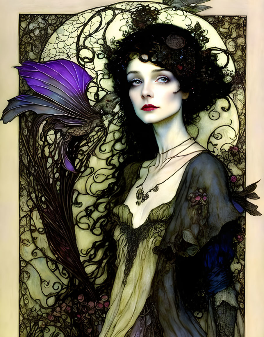 Stylized illustration of a woman with pale skin and dark curly hair beside a large purple flower on