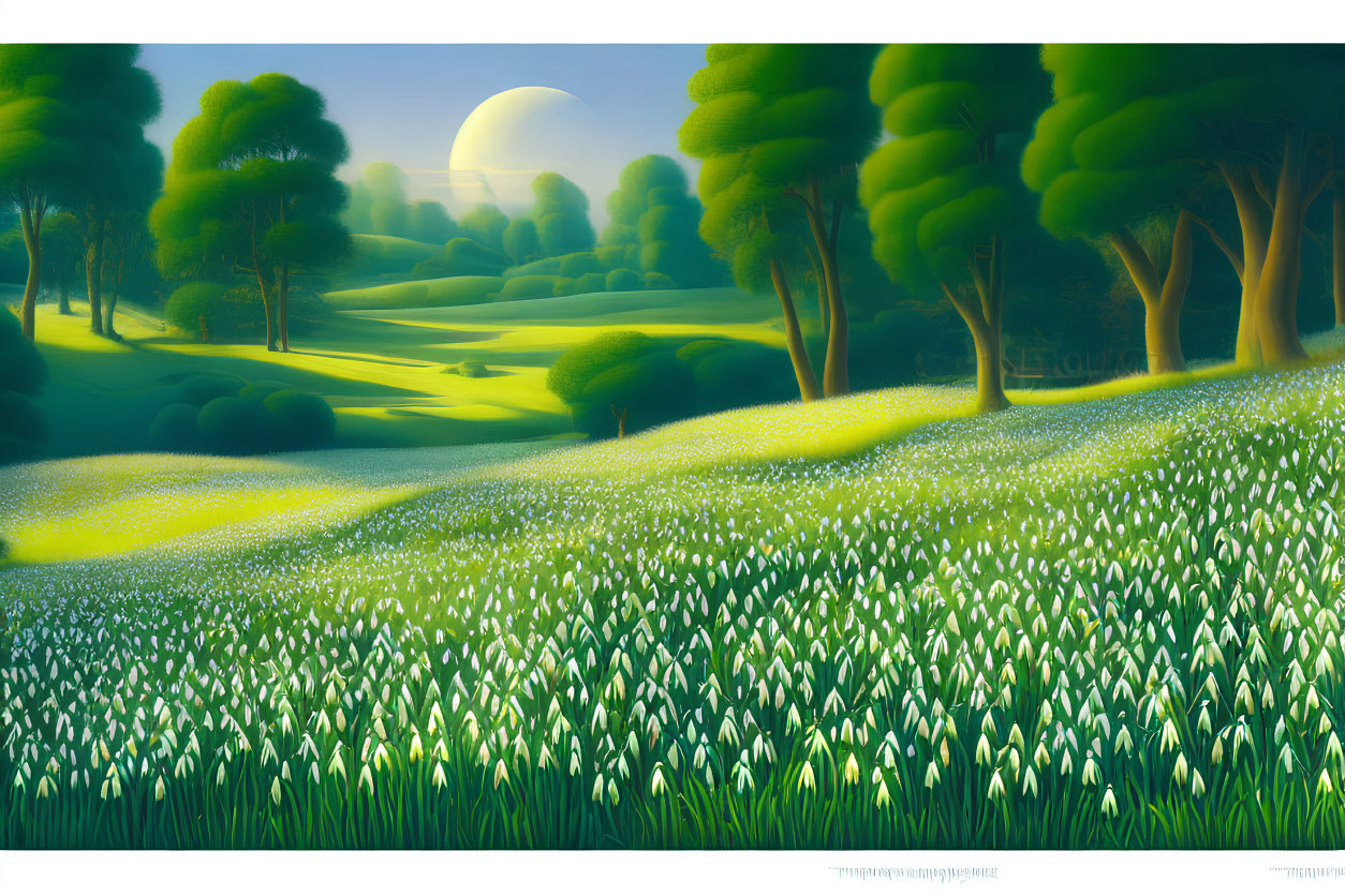 Tranquil landscape with green hills, white flowers, round trees, and setting sun