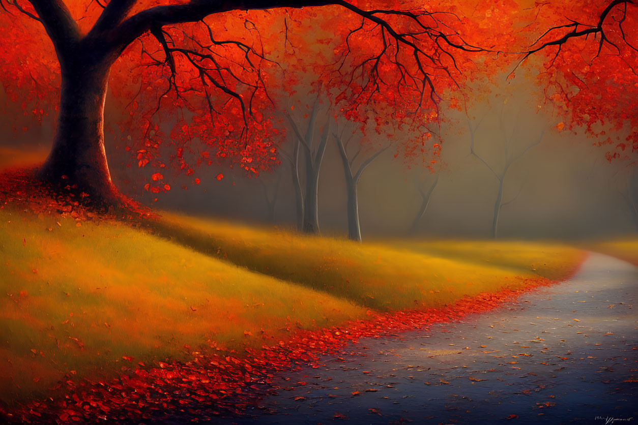 Vibrant red and orange autumn canopy with fallen leaves and misty trees