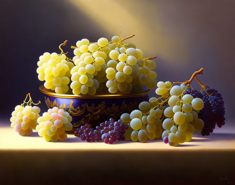 Ripe grapes in ornate bowl on warm background