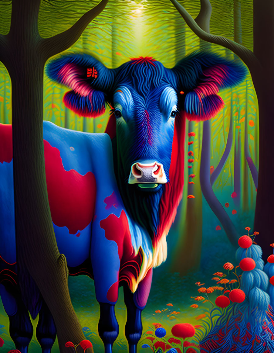 Colorful cow with blue head in vibrant forest with red plants