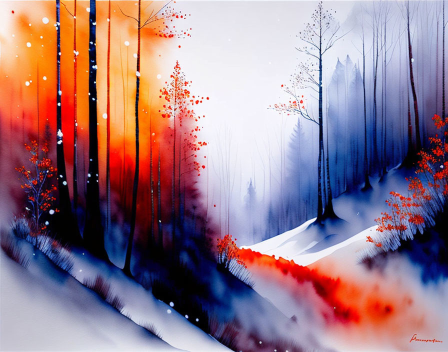 Snowy forest scene in vibrant watercolor palette