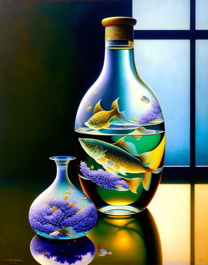 Hyperrealistic Painting of Fish in Large Vase and Flowers in Small Vase