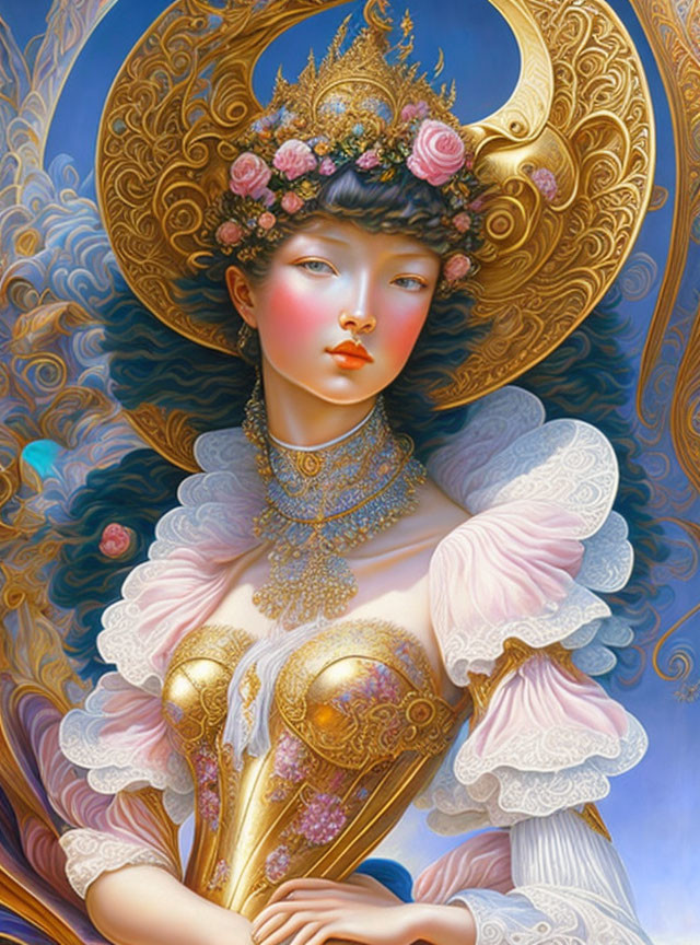 Fantasy illustration of woman with golden halo and ornate attire