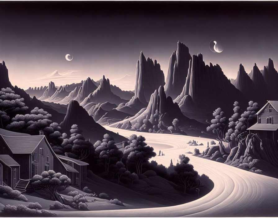 Monochrome landscape with winding road, trees, house, mountains, and night sky with crescent moons