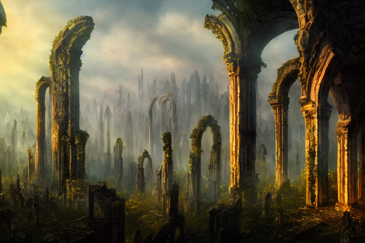 Misty forest ruins with tall arches in sunlight