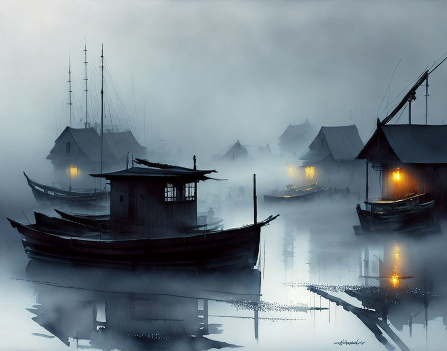 Boats and illuminated houses in misty harbor at dusk or dawn