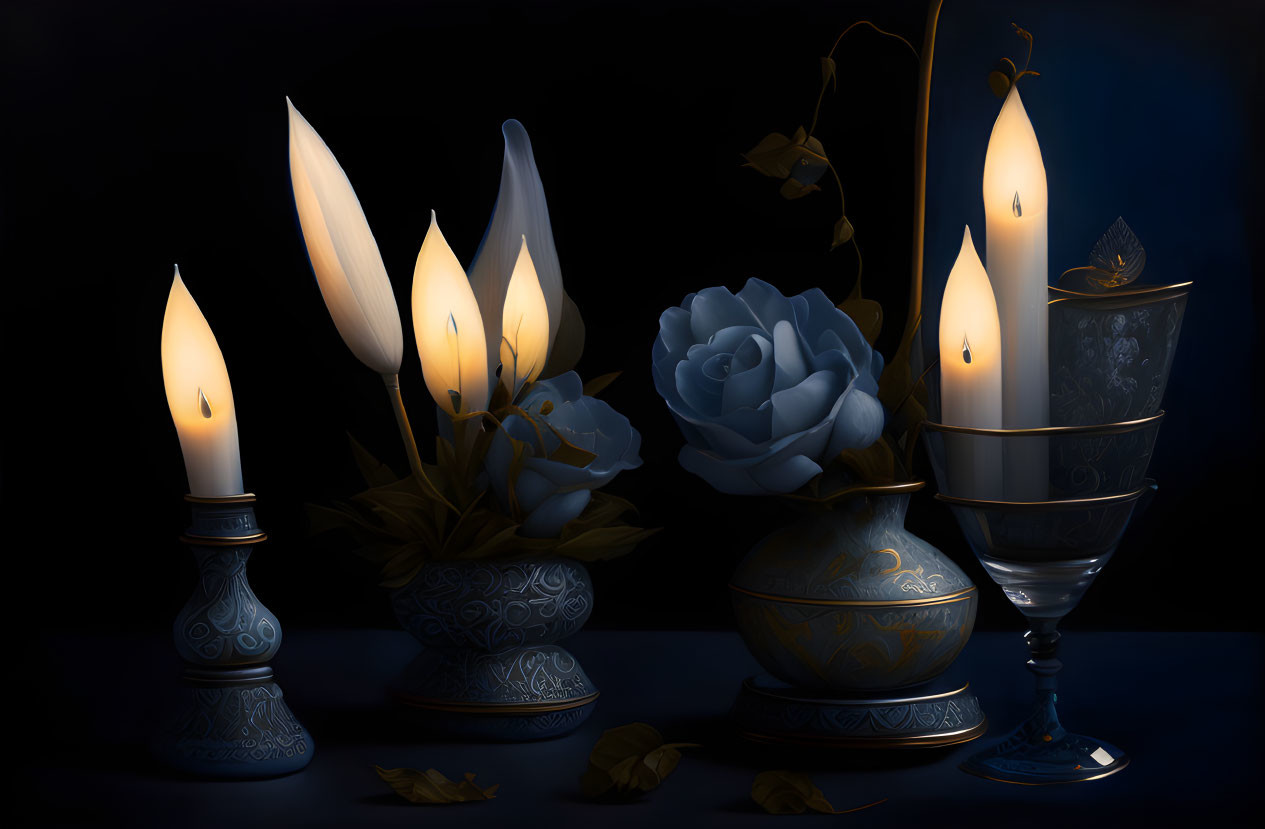 Dark Still Life with Candles, Rose, Leaves, and Vessels