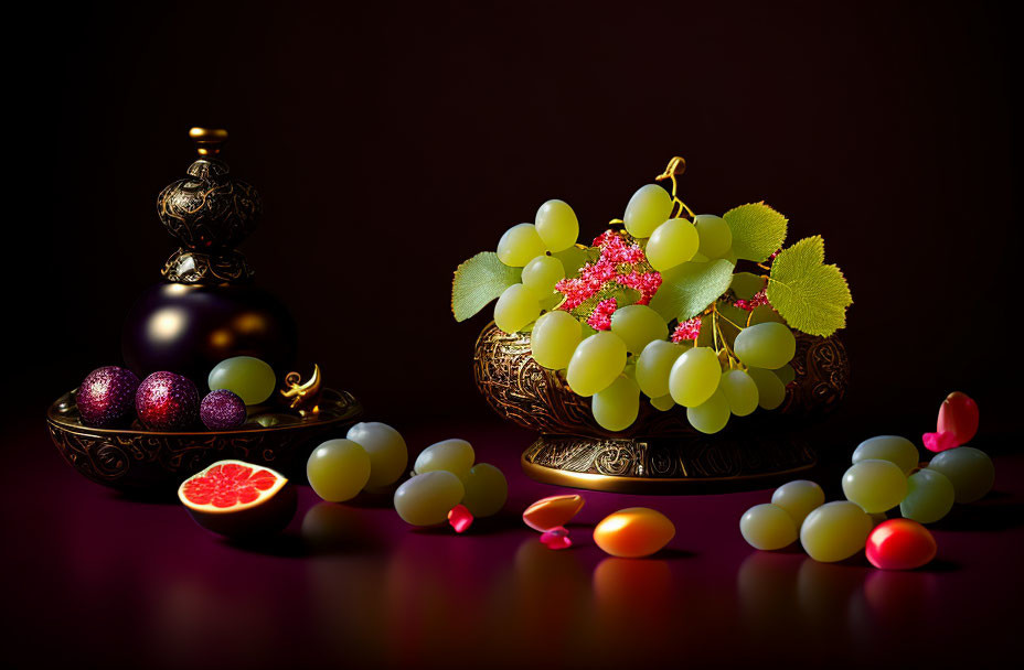 Still Life Composition: Green Grapes, Sliced Grapefruit, Candies, Golden Jar on Dark