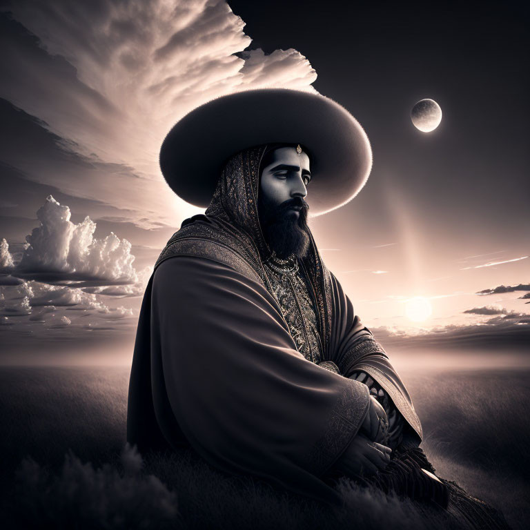 Monochromatic portrait of bearded man in traditional attire against dramatic sky