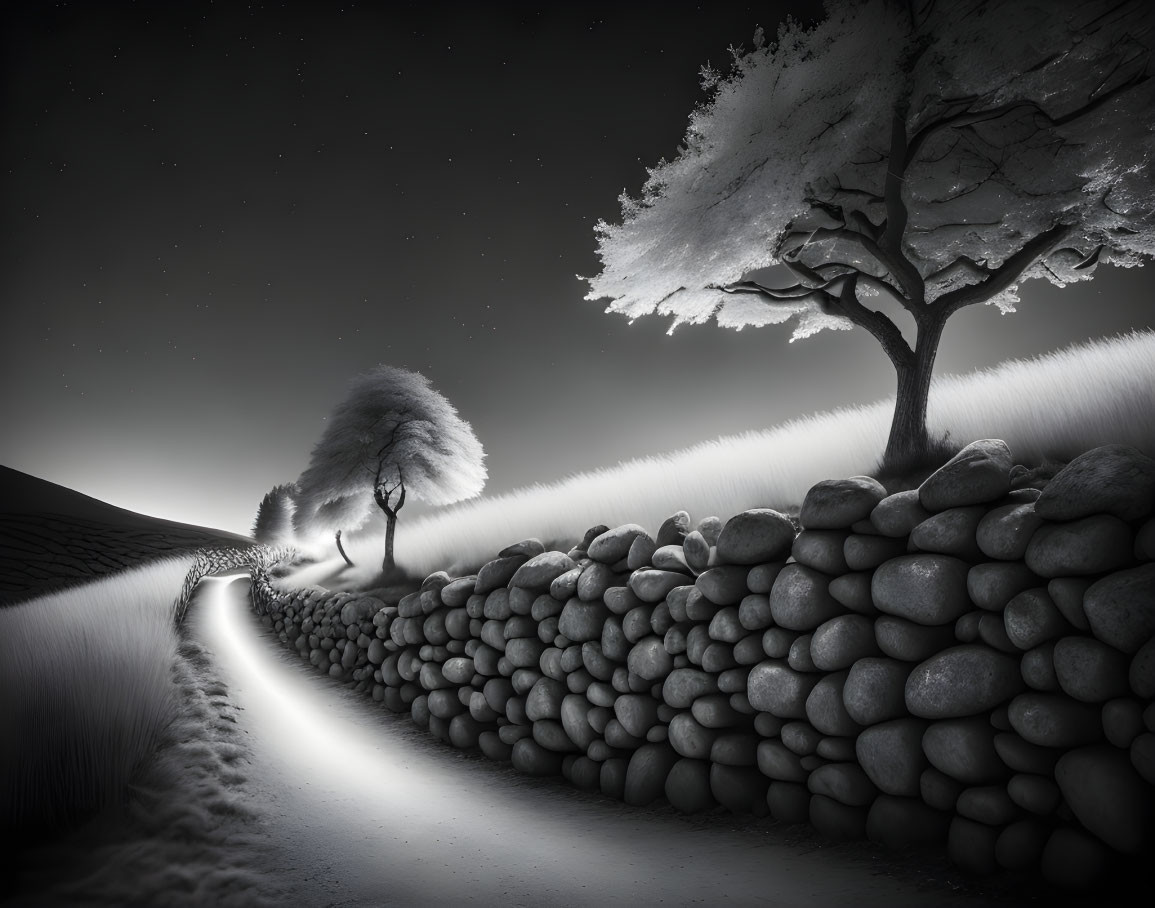 Monochrome landscape with winding path, stone wall, trees, tall grass, starry night sky