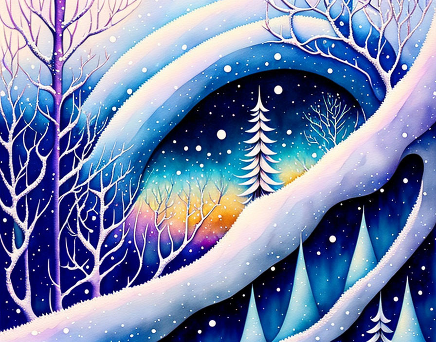 Vibrant winter landscape with bare trees and swirling snow