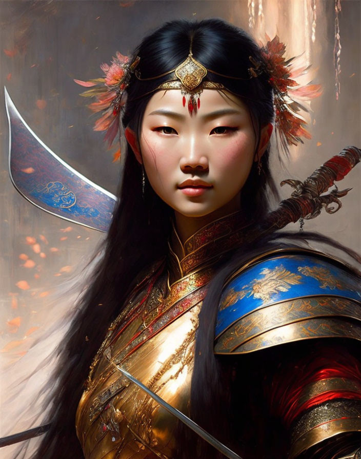 Female warrior digital art: ornate golden armor, halberd, feathers, serene expression