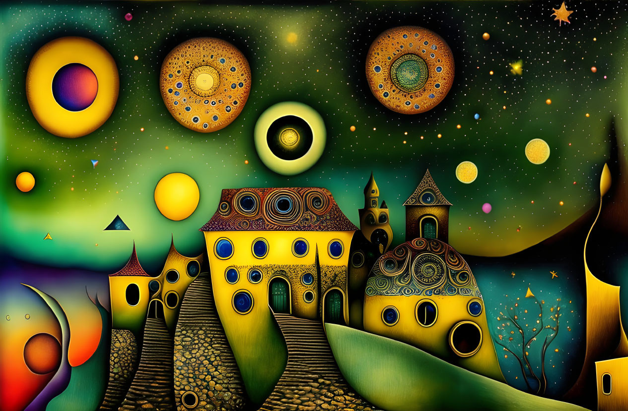Colorful Surreal Landscape with Celestial Bodies and Whimsical Houses