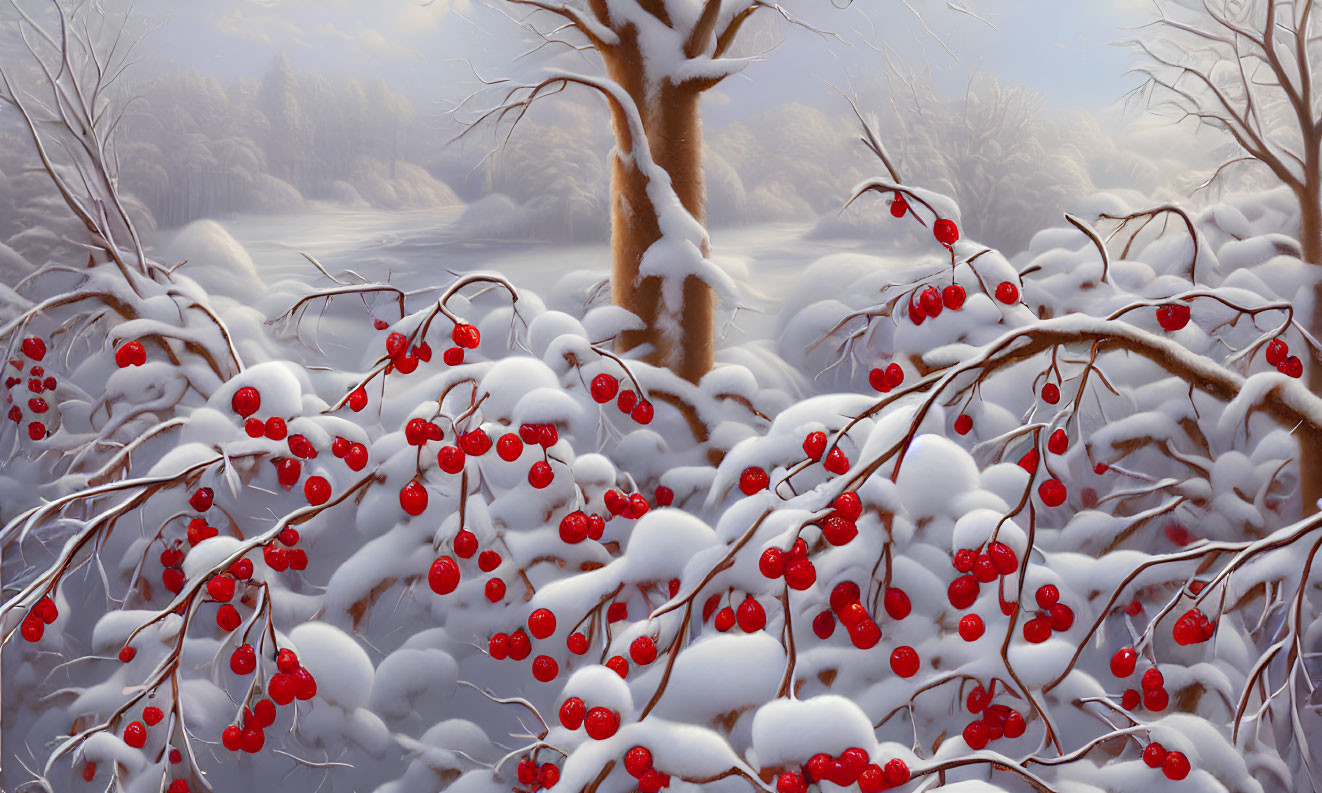 Snowy Winter Scene with Red Berries and Snow-Covered Trees