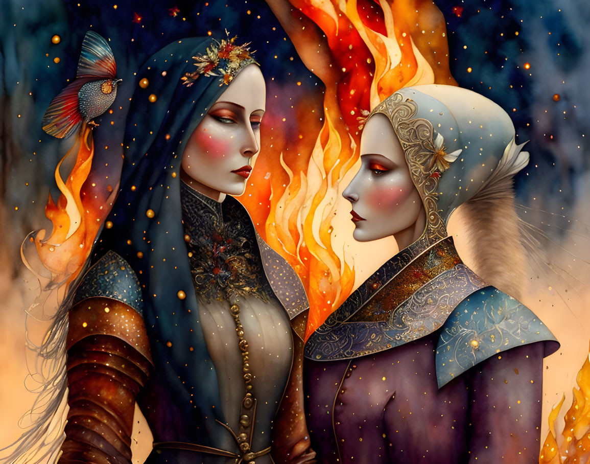 Illustrated female figures: fire and ice elemental themes, mystical encounter, detailed fantasy attire, butterfly.