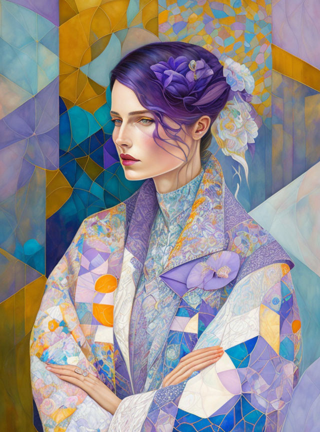 Colorful Illustration of Woman with Purple Hair in Floral Kimono