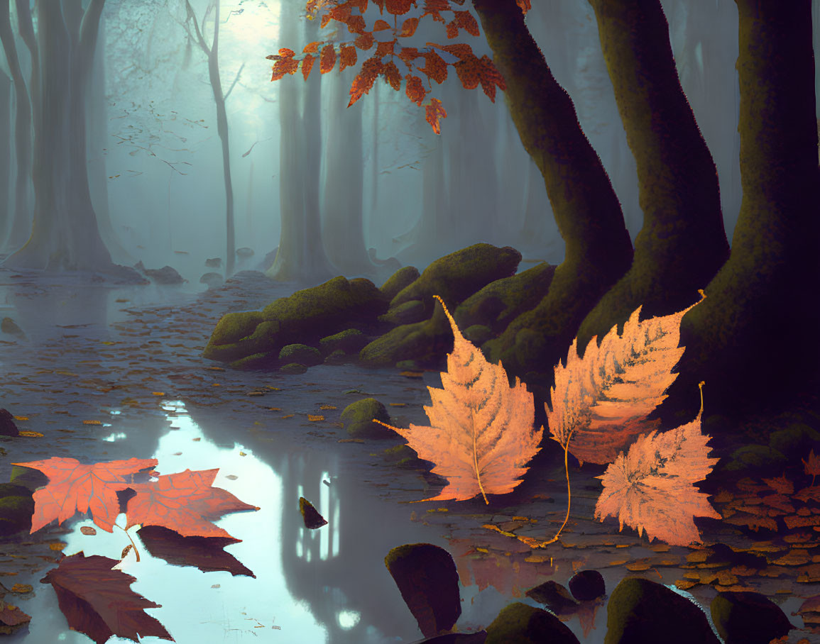 Tranquil Autumn Forest with Reflective Pond and Towering Trees