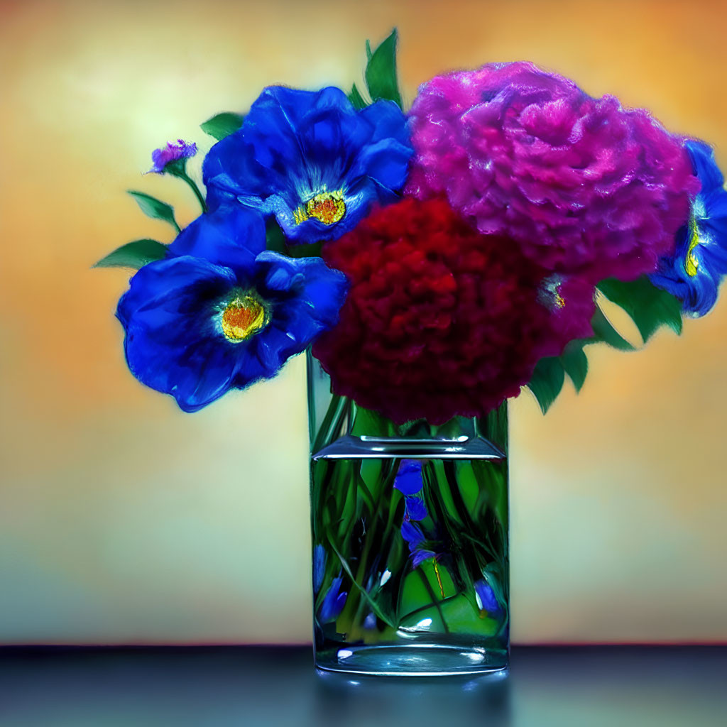 Colorful Blue and Pink Flowers in Clear Vase with Stem Reflection on Orange Background